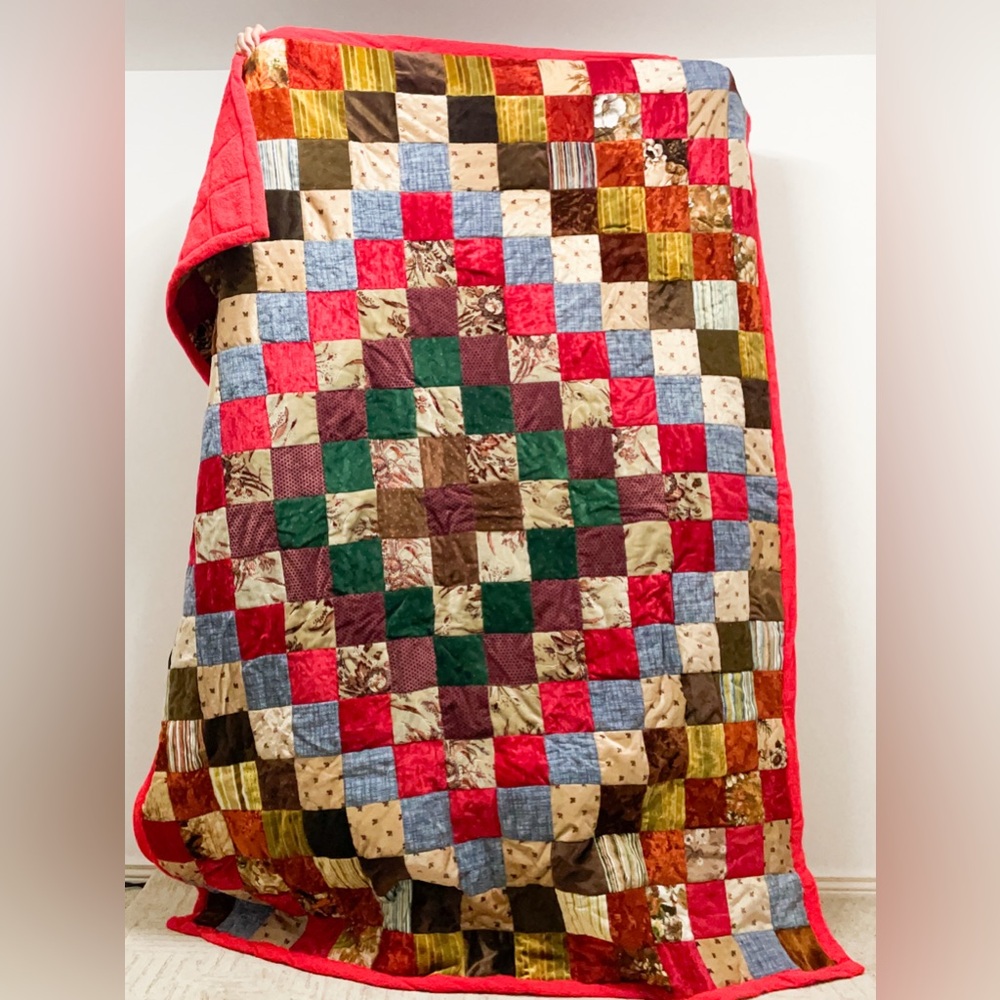 Vintage Handmade Patchwork Quilt Around The World MCM Velvet
